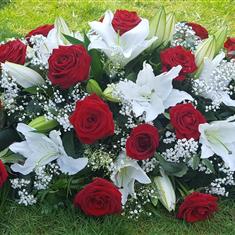 Red rose and white lily coffin spray